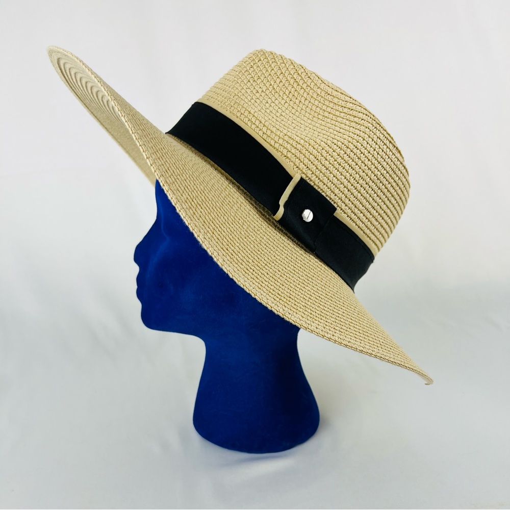 NWOT Jones New York Natural Straw Sun Hat Wide Brim with Black Trim - Picture 2 of 12